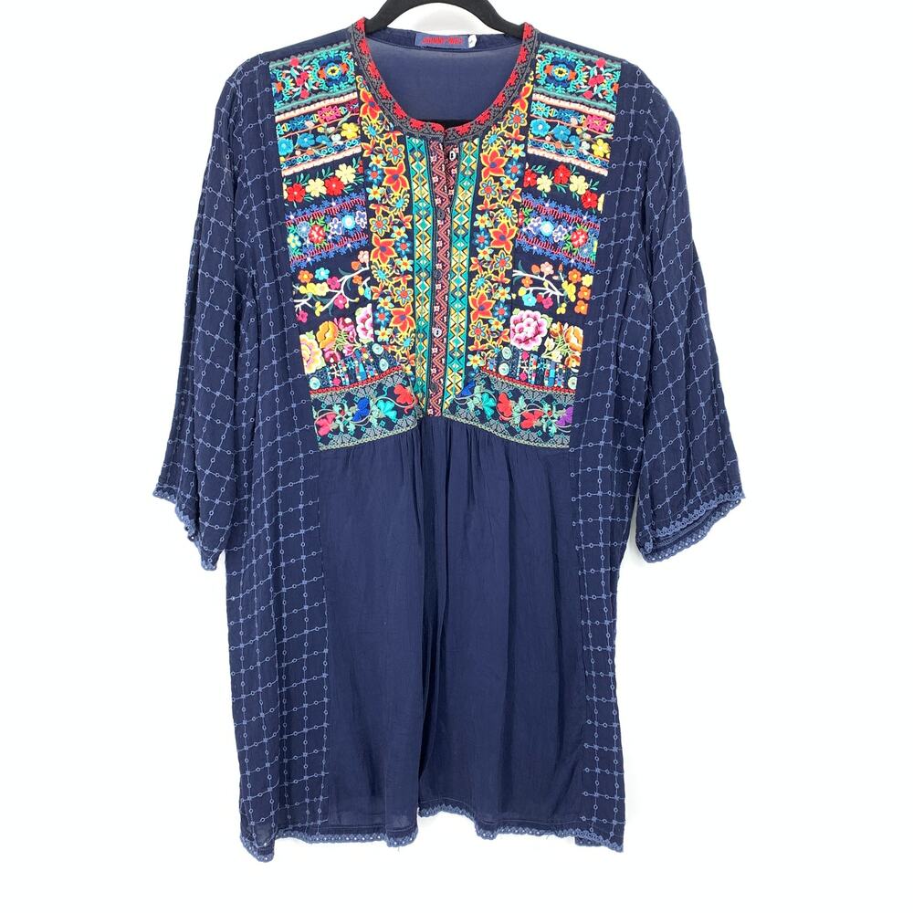 Johnny Was Tunic Womens L Navy Multicolor Floral Embroidered Eyelet Boho